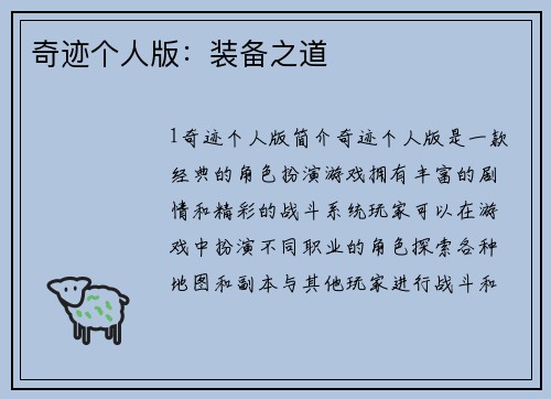 奇迹个人版：装备之道